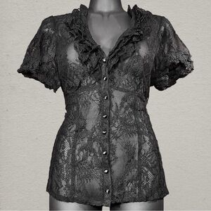 SOLD: INC International Concepts Black Lace Sheer Ruffle Blouse